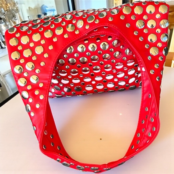 Red Studded Hobo Shoulder Bag - Picture 5 of 6